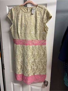 Danny & Nicole Cream Lace Mini Dress with Pink Trim